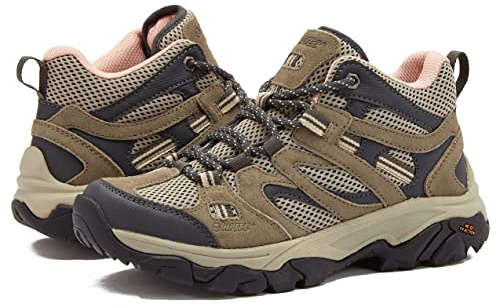 HI-TEC Ravus Mid Hiking Boots for Women, Lightweight Breathable Outdoor Trekking Shoes - Light Pink/Medium Grey/Tan, 8 Medium