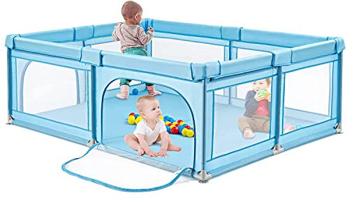 COSTWAY 205 x 147cm Laufstall Baby faltbar, Laufgitter mit 50 Bällen, 2 Türen, Seitentasche, atmungsaktivem Netz & Reißverschluss, Laufgitterzelt für Säuglinge & Kleinkinder (Blau, Ohne Matratze)