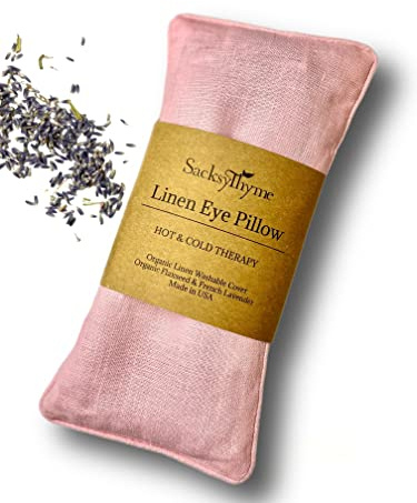 Sacksy Thyme Organic Linen Eye Pillow - Lavender & Flaxseed for Relaxation, Yoga, Stress Relief - Microwavable Heating Pad & Cool Compress - Made in USA - Gifts for Meditation - (Lavender)