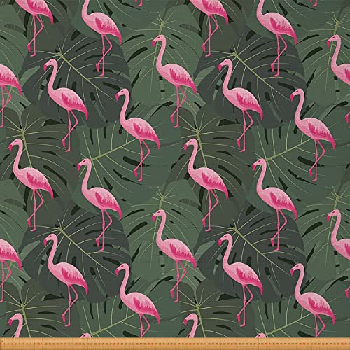 Flamingo Stoff Meterware Palmen Polsterstoff Hawaii Tropen Dekostoff Wilde Tiere Botanischer Stoff für Drinnen und Draußen Karikatur DIY Kunst Wasserdichter Stoff Rosa Grün 92 x 150 (HxB)