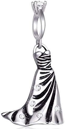 Hochzeit Ring baumeln Hochzeit Kleid Charms, fit Pandora Hochzeitstag Armband, 925 Sterling Silber Braut Abendkleid Anhänger Wedding Perlen mit Kristallen, Geschenke für Paar/Jahrestag/Ehefrau