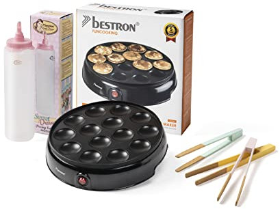 Bestron Poffertjesmaker - Kit économique avec bouteille à pâte et 3 pinces de service - Idéal pour Noël, Pâques ou anniversaire d'enfant - Design rétro - 800 W - Couleur : noir/rose