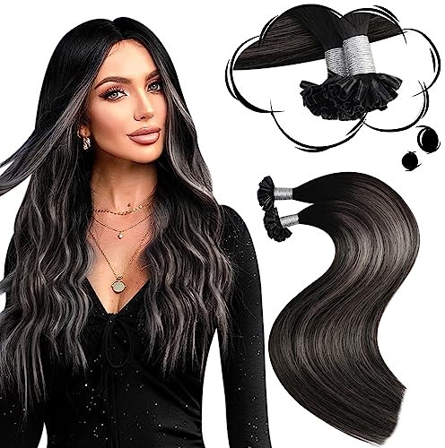 Moresoo Extensions Echthaar Bondings 60cm Haarverlängerung Echthaar Bondings Hot Fusion Keratin Bonding Extensions Schwarz mit Silber #1B/Silver Unsichtbar Ombre Extensions Bondings 1g/s 50g