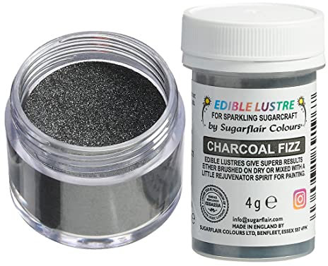 Sugarflair Charcoal Fizz Edible Lustre Dust (E171 Free), Add a Lustrous Shine to Cakes or Decorations. Brush On or Add Rejuvenator to Create Eye-Catching Edible Paint - 4g