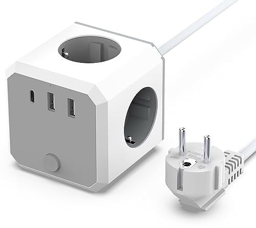 shefor Steckdosenwürfel mit USB, Steckdosenleiste Würfel, Mehrfachsteckdosen 7 in 1 Cube Steckdose mit Schalter, 4 Fach Mehrfachstecker, 2 USB-A und 1 Typ-C mit 1.8M Kabel für Zuhause und Büro - Weiß