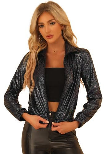 Allegra K Holografische glänzende Damen-Jacke, langärmelig, leicht, mit Reißverschluss, metallisch, Meerjungfrau-Schwarz, L