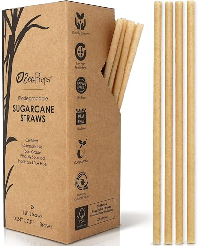 EcoPreps Biodegradable Sugarcane Disposable Straws, Plastic-Free, 150 Count