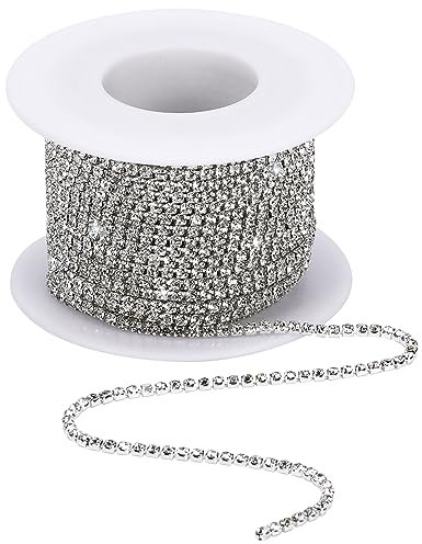 1 Rolle 10m x 2mm Kristall Strassband Chain, Silber Strassband, Strass Borte Band, Rhinestones Diamant Borte Band, Glitzer Basteln für Nähen von Kleidung,Hochzeit Deko, Schmuck DIY(Silber)