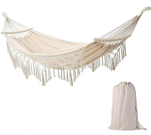 Luminexia Hamacas Dobles,Hamaca Macramé,Las Tiras de Madera Son Desmontables,la Capacidad de Carga máxima es de 200 kg Tejido de Lona Duradero Estilo Bohemio,Adecuado para Exteriores,Jardines,Patios
