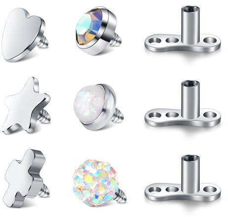 WillTen 6Pcs Dermal Anchor Aufsatz with 3Pcs Base Microdermals, Dermal Anchor Piercing 316L Chirurgenstahl mit CZ Opal Stein Aufsatz Silber