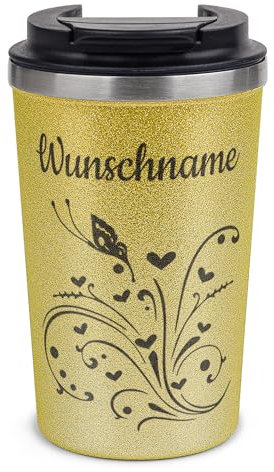 Tassendruck Glitzer To-Go Thermobecher mit Name personalisiert - Schmetterling - Geschenk für Freundin, Frau oder Tochter | Nachhaltig, Edelstahl doppelwandig, inkl. Deckel, Gold, 350 ml
