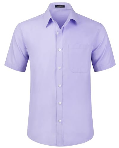 HISDERN Mens Short Sleeve Dress Shirt Regular Fit Casual Formal Lavender Shirts Button Down Business Stretch Shirt Non Iron,S