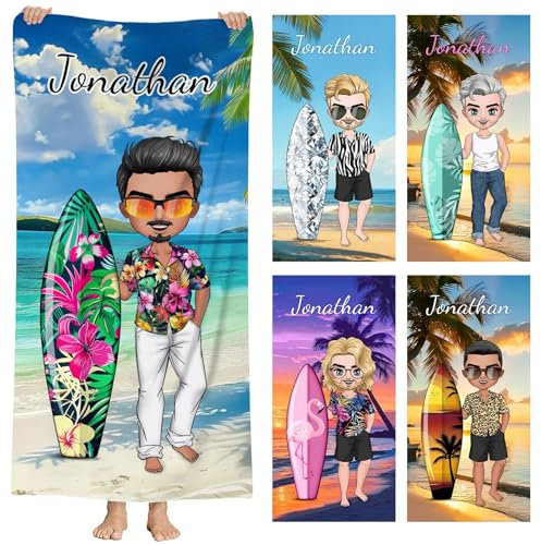 papasgix Personalisiert Strandtuch Microfaser Badetuch mit Namen Damen Herren, Dress-Up Beach Towel Schnelltrocknendes Handtuch Kinder Stranddecke für Reise Fitness(90x180cm Mikrofaser Bunt Herren)