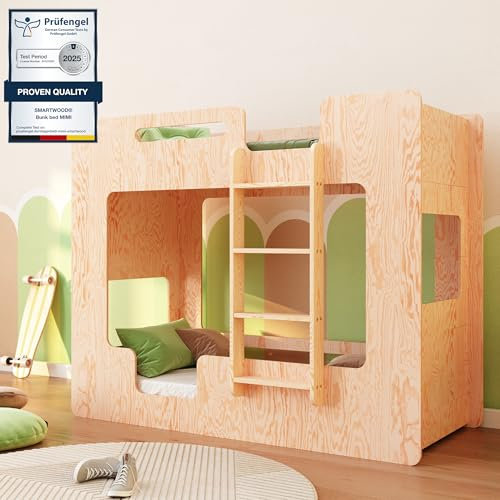 smartwood Lit Superposé 80x160 - Lit Superposé Enfant en Bois avec Barrières de Sécurité et Sommier - Supporte Jusqu’à 230 kg - pour Garçons et Filles - Mimi B