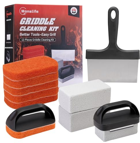 Monalife 12 PCS Griddle Cleaning Kit for Blackstone, Heavy Duty Flat Top Grill Brush Set with Scraper & Stone – Complete BBQ Accessories for Outdoor Camping