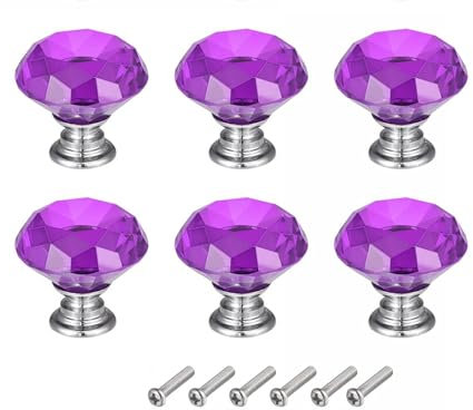 Crystal Drawer Knobs from Hotooldo -40mm Glass Drawer Knobs Crystal Door Handles Diamond Shaped Pulls with Screw for Home Kitchen Office Chest Cabinet Drawer,6Pcs Purple-Silver Base