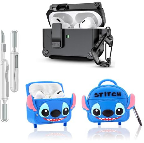 LEWOTE Funda protectora 3 en 1 compatible con Apple Airpods Pro (2ª/1ª generación) con kit de limpieza y llavero (bolsa de puntadas)