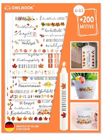 OWLBOOK® Kerzentattoos Herbst Tattoo Herbstmotive Sticker Kerzenfolien Tattoo Folie Aufkleber I Wasserschiebefolie | Herbstmotive V1 | 4 x Din A5