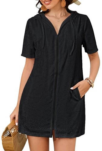 Bsubseach Terry Cloth Badeanzug Cover Up für Frauen Reißverschluss Hooded Bademantel Strand mit Taschen Sommer Schwarz XL