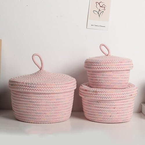 WANSHI körbe mit deckel geflochten,aufbewahrungskorb geflochten mit deckel,korb rund geflochten mit deckel,Yarn, Nursery Accessories, Snacks (Rosa, farbige Nähte)
