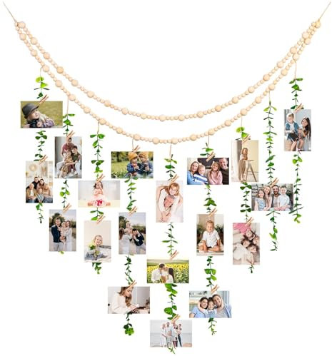 Fotowand mit 20 Kleinen Holzklammern, Fotorahmen Fotovorhang mit Simulierte Eukalyptusblätter und Holz Perlen, DIY Fotowand Fotogirlande, Fotohalter Bilderwand, Boho Deko Wand Fotos Aufhängen