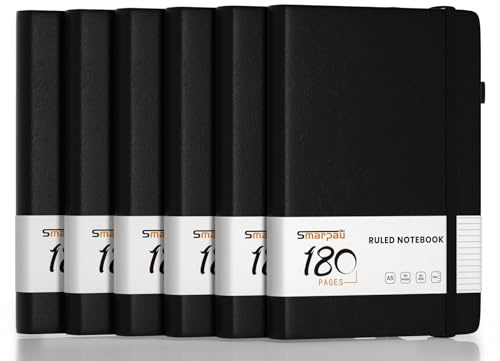 Smarpau A5 Lined Notebook, 6 Pack Hardcover Leather Journals for Women Men, Thick Paper No Bleed, Notepad Multipack for Work School Office, 180 Pages, 14.5 x 21 cm - Black