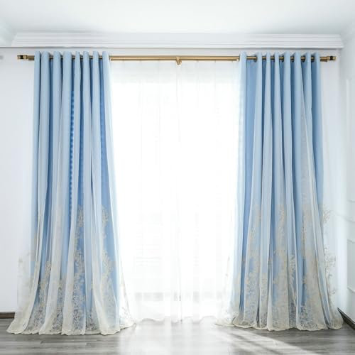 Wycian Rideau Cuisine Japonais Rideau Porte Isolant Thermique Bleu 2 Panneaux Polyester Fleur Brodée 96L x 160H cm