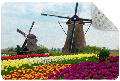 Fußmatte Custom Indoor Welcome Door Mat Dutch Windmill with Tulips Home Decorative Entry Rug Garden/Kitchen/Bedroom Mat Non-Slip Rubber 60x40 CM
