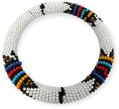 Fatisha Boutique Handmade African Beaded Bangles – Authentic Multicolor Stackable Bracelet | Ethnic Tribal Jewelry for Women & Men | One Size Fits Most (White)