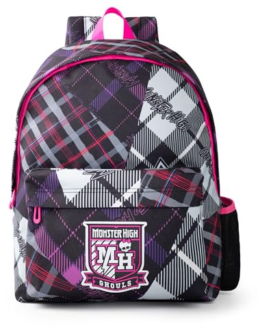 Monster High Ghouls Tartan Patchwork Rucksack in Schwarz, Rosa, Grau und Lila | Klassische karierte Schultasche für Mädchen und Damen | Verstellbare Träger, Vordertasche und Netzaufbewahrung