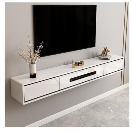Banc TV Meuble TV Flottant avec Rangement, Console TV Murale Moderne for sous la TV, Console multimédia Flottante en Bois d'hévéa for Chambre à Coucher, Salon Meuble TV(Blanc,200cm)