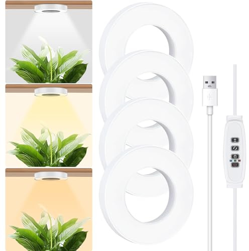 SciFiVisi Lot de 4 lampes LED à spectre complet pour plantes avec minuterie automatique, 3 couleurs, 10 luminosités, lampe LED pour plantes d'intérieur (blanc, 4 têtes)