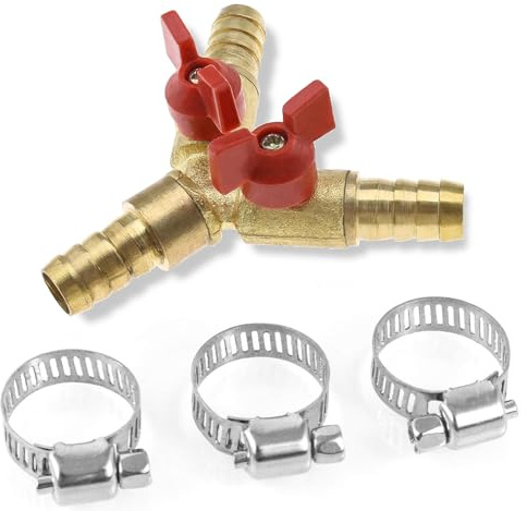 3 Wege Schlauchverbinder mit Absperrhähnen 10mm Messing Y förmiges Schlauchanschluss Kugelhahn 2 Schalter mit Klemmen Abzweigventil Verbinder für Tischlerarmatur Luft Wasser Gas, 1 Stück