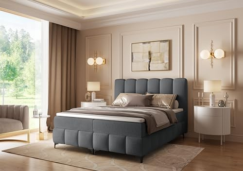 FURNISTAR Boxspringbett Tina 160x200 mit Matratze und Bettkasten - Doppelbett Familienbett mit Topper Stauraum Bubblebett Polsterbett Hotelbett - Dunkelgrau