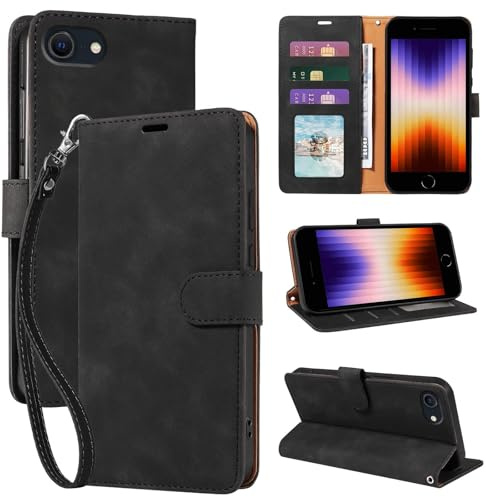 GOTOURED RFID Wallet Case for iPhone 6/6S/7/8/SE 2020/SE 2022 4.7, Black | RFID Blocking 3 Card Slots, Cash Pocket, Wrist Strap, PU Leather Flip Cover, Kickstand, Magnetic Closure, TPU Protective