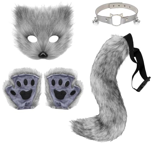 JXAXD Fuchs Kostüm-Set, Katzen Maske, Cat Therian Mask Handschuhe, Plüsch Fuchsschwanz Fuchs Maske Glocken Halskette Fuchshandschuhe Cosplay Tier, Verkleiden für Halloween, Weihnachten, Karneval