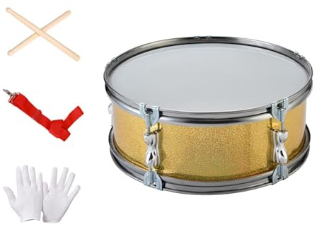 MotiveTech Snare Drum Marschsnare Drum Set Tragbare Einzelton Trommel Drumsticks Handschuhe Polyesterkopf Aluminiumrahmen für Schüler Erwachsene Musikproben Outd, Golden
