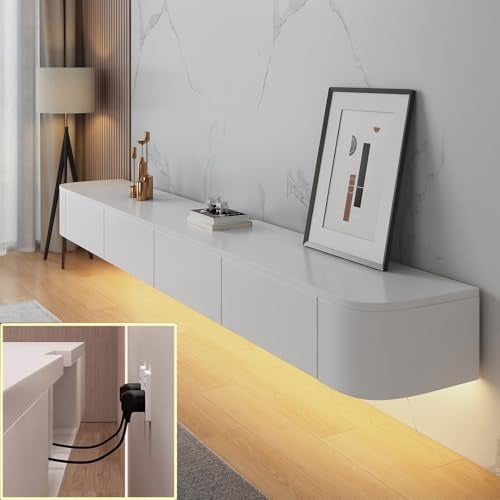 XDXINY TV-Medienkonsole, schwimmender TV-Schrank, Wandmontage, TV-Schrank, mehrere große Aufbewahrungsmöglichkeiten, TV-Bank unter dem TV-Lowboard mit Schubladen (weiß + LED, 260 x 20 x 24 cm)