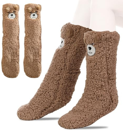 FOSDICK Calze Antiscivolo Donna Invernali, Simpatico Orsetto Calze Pantofole donna, Calzini Donna Caldi Pile, Morbido Calzini Termici, Calzettoni Pantofole per Casa, Regali Natale Capodanno 36-40