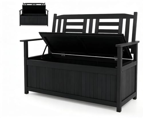 KOMFOTTEU 2 Sitzer Gartenbank mit Strauraum, Außenbank aus Pappelholz wetterfest, Holzbank mit Armlehnen und Rückenlehne bis zu 250 kg belastbar, Truhenbank 123 x 68,5 x 96 cm (Schwarz)