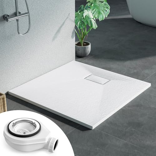 Heilmetz SMC Duschwanne 90 x 90 cm Weiß, flach 2,6 cm inkl. Ablaufgarnitur | Pflegeleichte SMC Duschwanne mit rutschhemmender Steinoptik, 2,6 cm Höhe und 90 mm Ablauföffnung für flexible Montage