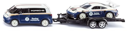 Siku 2569 VW ID. Buzz mit Porsche 911 GT3 RS, 1:50, Anhänger mit Neigungsfunktion, öffenbare Heckklappe/Türen, Metall-Karosserie, Rot, Sportwagen-Transport-Set