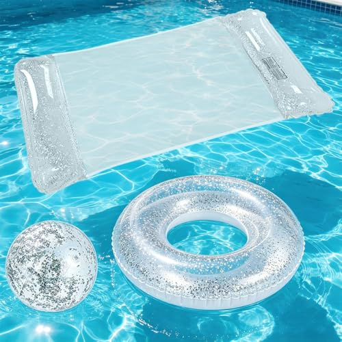 Foreverup Anello da Nuoto Paillettes Adulti con Paillette, Anello da Nuoto con Glitter Paillettes, Anello Galleggiante Trasparente, Include Materassini Gonfiabili, Salvagenti e Palloni da Spiaggia