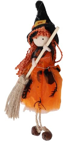 Cryfokt Decorative Hanging Witch Figurine with Bells and Broom Long Lasting Elegance for Room Decoration Silk Cloth Material (Orange)