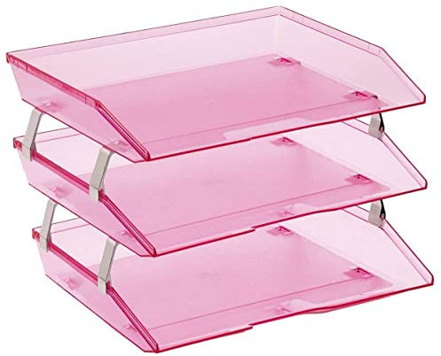 Acrimet Facility 3 Tier Letter Tray, Side Load, Letter Size/A4, Desktop File Organizer, Plastic (Clear Pink Color)