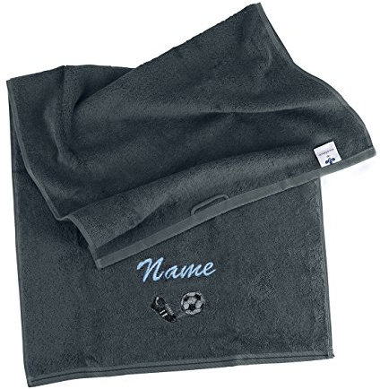 Herz & Heim® graues Handtuch mit Stick des Namens - Motiv Fußball - 500 g/m² in verschiedenen Größen 50 x 100 cm