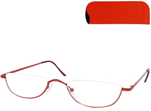 Halb Rund Lesebrille – Halbrandbrille Unisex für Damen und Herren, mit Etui | Offener oberer Glasrand, halbrunde Unterrandform in Halbmondform, 48 x 24 mm Gläser und transparente Nasenpads