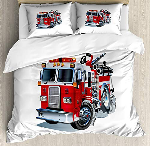 ABAKUHAUS Camion Set Copripiumino, Vigili del Fuoco di Veicoli, 3 Pezzi con 2 Fodere Cuscini, 230 x 220 cm - 70 x 50 cm, Grigio Rosso