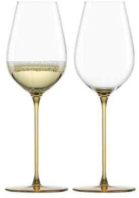 EISCH Inspire SensisPlus Allroundgläser Erfrischend & Leicht, 400 ml, Champagnergläser mit farbigem Stiel, Kristallglas, 2 Stück im Geschenkkarton, Transparent / Amber