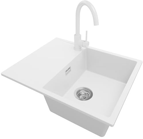 PRIMAGRAN Evier Cuisine en Granit Blanc 62x50cm, Lavabo 1 bac + Kit de Vidage, Évier à Encastrer al mueble 45cm - Ibiza S011